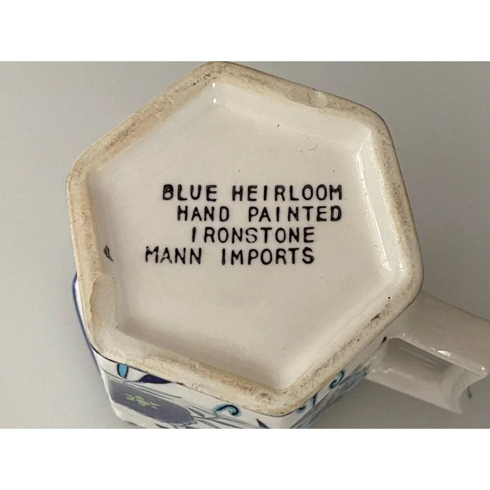 Vintage Ironstone Mann Import Blue Heirloom Hand Painted Floral Creamer 4